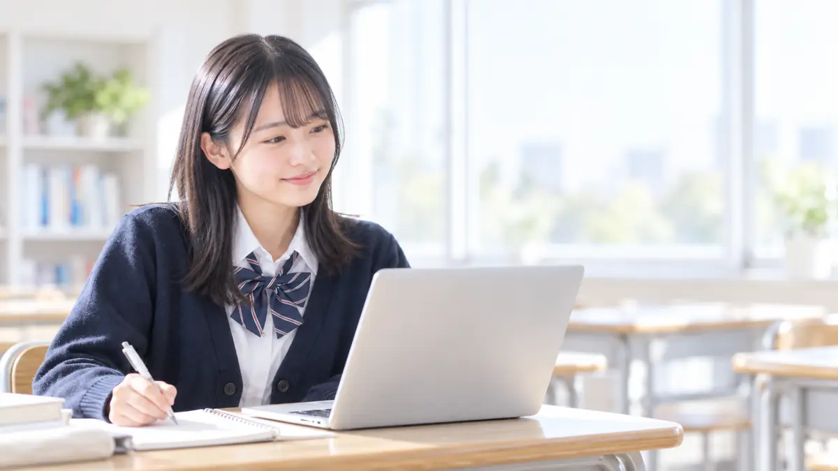 教室でノートパソコンに向かって学習する高校生